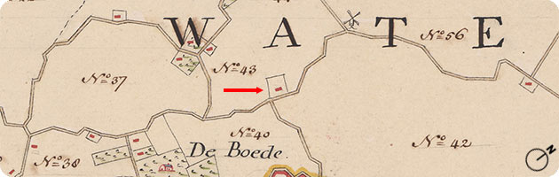 Fragment kaart Bernaerds met aangifte van hofstede Blauwe hof aan de Breeweg te Koudekerke