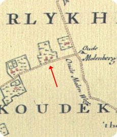fragment kaart Hattinga 1755 met aangifte van hofstede Buytenhof aan de Dishoekseweg te Koudekerke