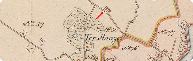 Fragment kaart Bernaerds met aangifte van hofstede Blauwe hof aan de Breeweg te Koudekerke