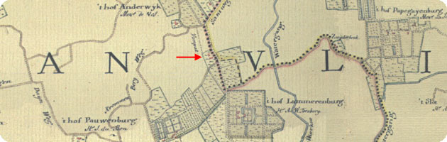 fragment van kaart Hattinga 1750, met aangifte van buitenplaats Bon Repos te Koudekerke