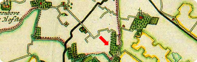 fragment kaart Visscher-Roman 1655, met aangifte van buitenplaats Essenvelt te Koudekerke