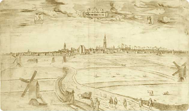 Gravure van Pieter Bast met Gezicht op de stad Middelburg, gezien vanaf de Oude Vlissingseweg te Koudekerke