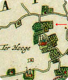 fragment kaart Visscher-Roman 1655, met aangifte van boerderij Groot ter Hooge te Koudekerke