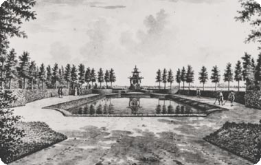 Zicht op het chineese tuinhuis in de tuin van buitenplaats lammerenburg omstreeks 1772 in Koudekerke