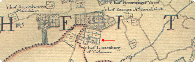 fragment kaart Hattinga 1750, met aangifte van hof Lustenburg te Koudekerke