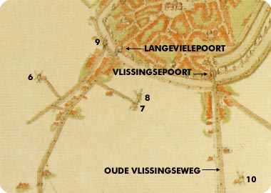 Fragment kaart Jacob van Deventer van Middelburg met hierop aangegeven de molens bij 't Zand te Koudekerke