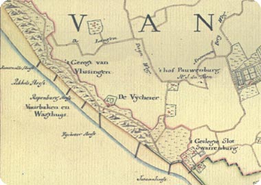 fragment kaart Hattinga 1750, met aangifte van boerderij De Vijgeter te Koudekerke