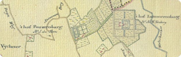 fragment kaart Hattinga 1750, met aangifte van buitenplaats Paauwenburg te Koudekerke