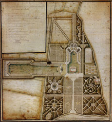 afbeelding van het niet gerealiseerde tuinontwerp van architect De Lage uit 1751 voor Ter Hooge te Koudekerke