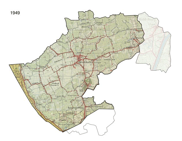 montage van de topografische kaart uit 1949 en 1962 binnen de grenzen van Koudekerke