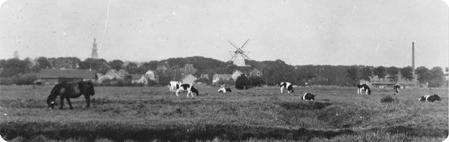 zicht op ´t Zand met de melkfabriek, molen en op de achtergrond de bolwerken van Middelburg