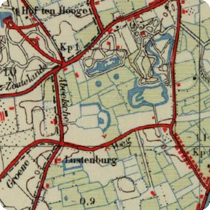 fragment topografische kaart 1949, met aangifte van de voormalige buitenplaats Lustenburg te Koudekerke