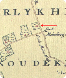 fragment kaart Hattinga  1750, met aangifte van boerderij Zuiderhoeve aan de Dishoekseweg te Koudekerke