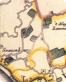 fragment kaart Baleu 1635-1639, met aangifte van buitenplaats Zwanenburg te Koudekerke
